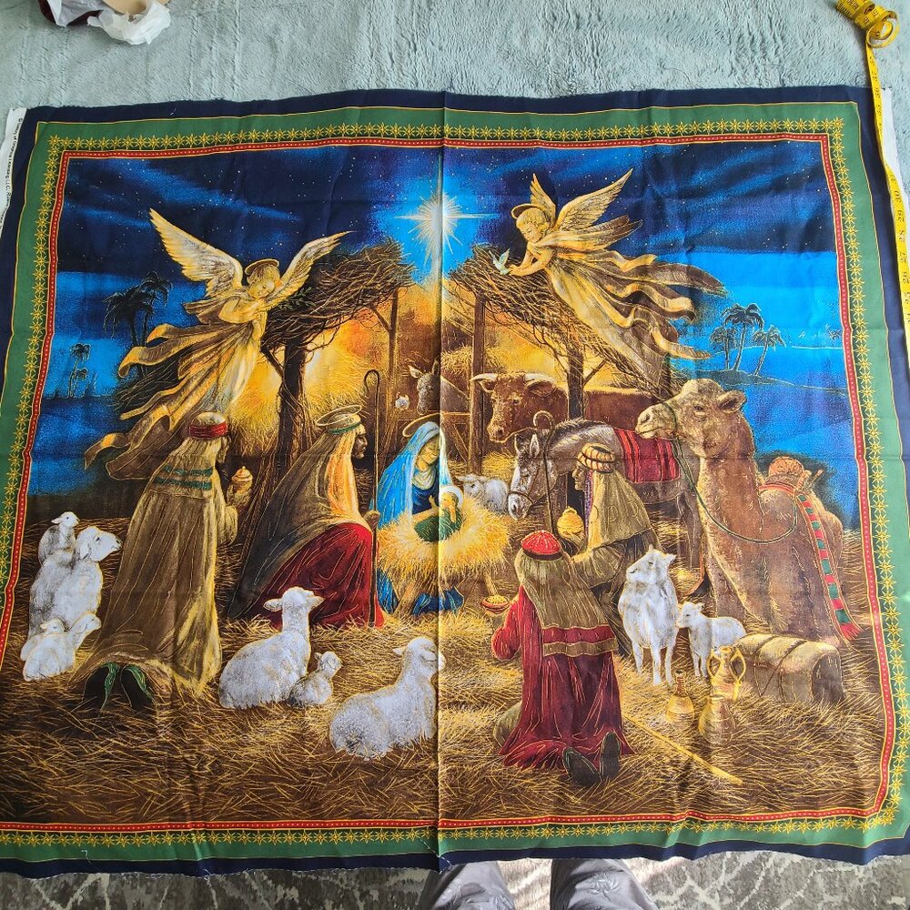 Vintage Nativity Wall Hanging Holy Family Blue Christmas Handmade Large 36x42”